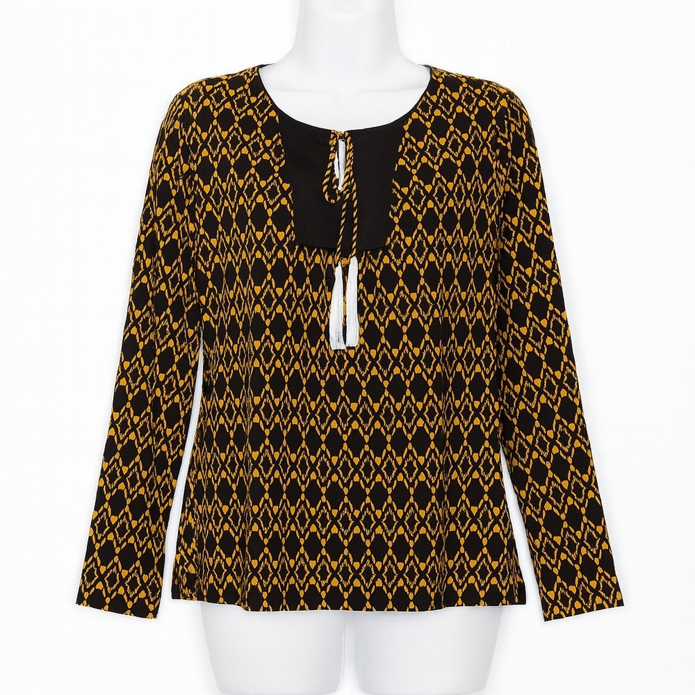 Susan Graver Blouse M Geometric Tie Neck Long Sleeve Black Yellow Top